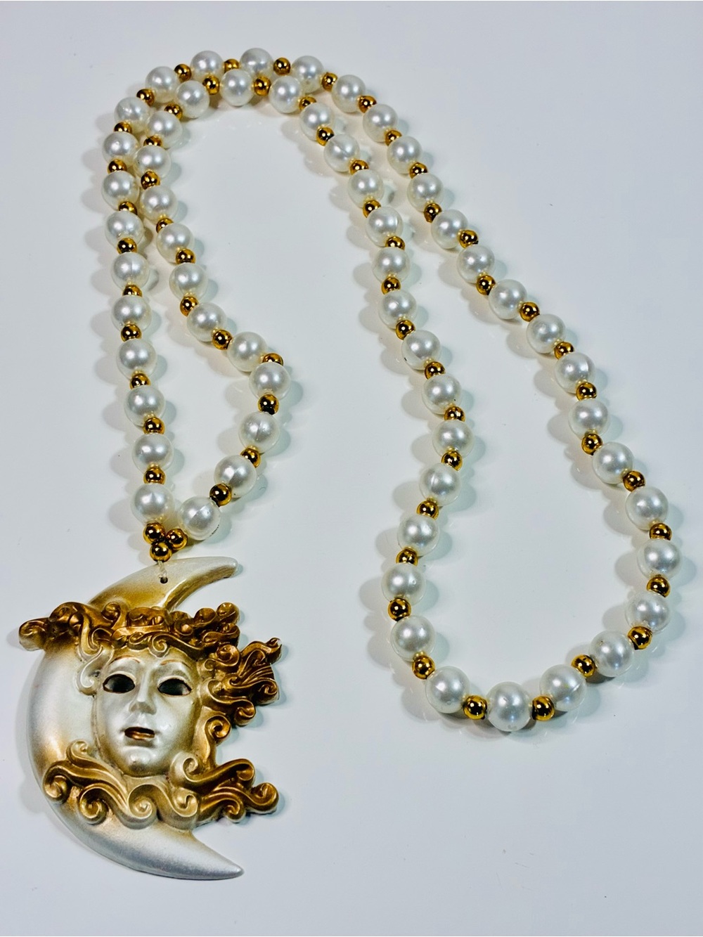 Venetian-Style Mardi Gras  White Pearl Bead Necklace with Gold Moon Mask Pendant